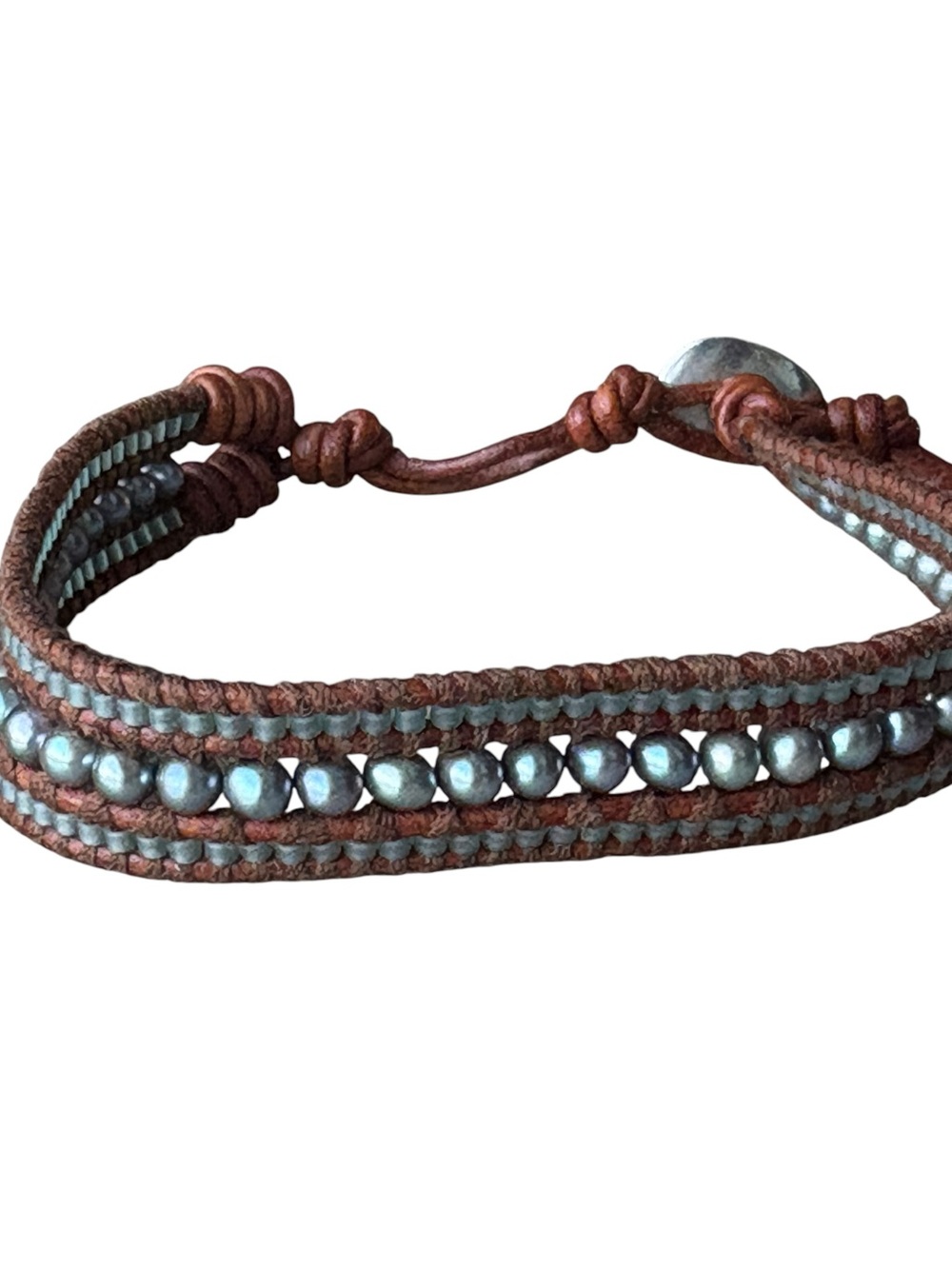 Chan Luu 925 Sterling Silver Mother of Pearl Beaded Cord Bracelet Bohemian Boho